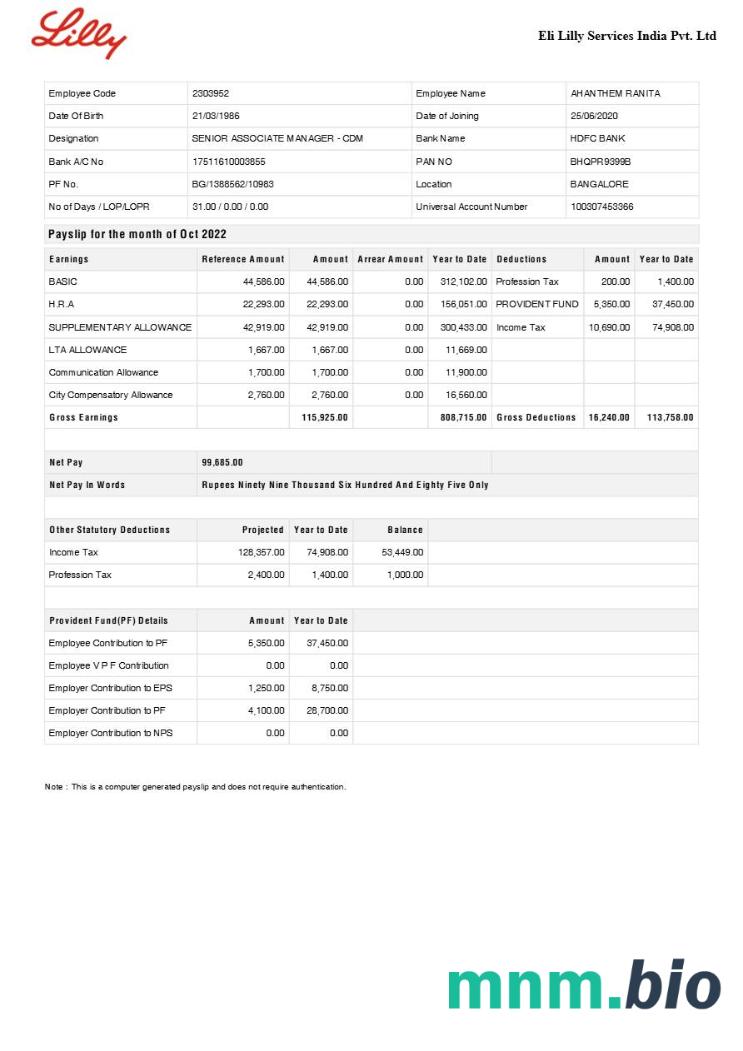 Szablon odcinka wypłaty Eli Lilly Services India pharmaceutical company w formatach Word i PDF